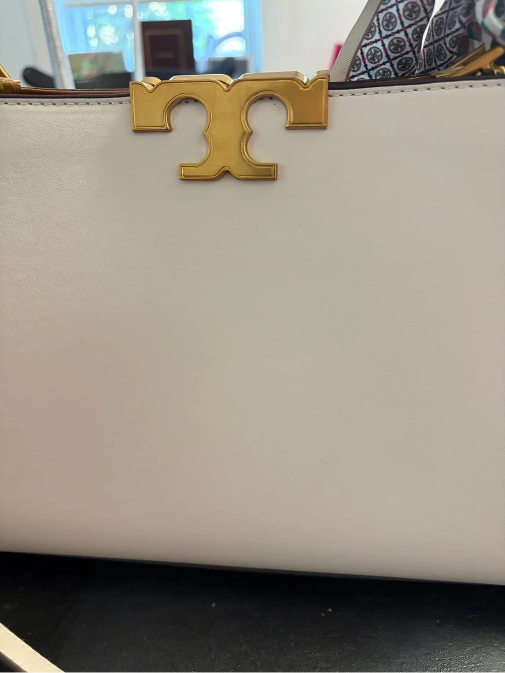 Tory Burch $700 Cream Eleanor Spazoletto Satchel with Gold Logo and Ribbon